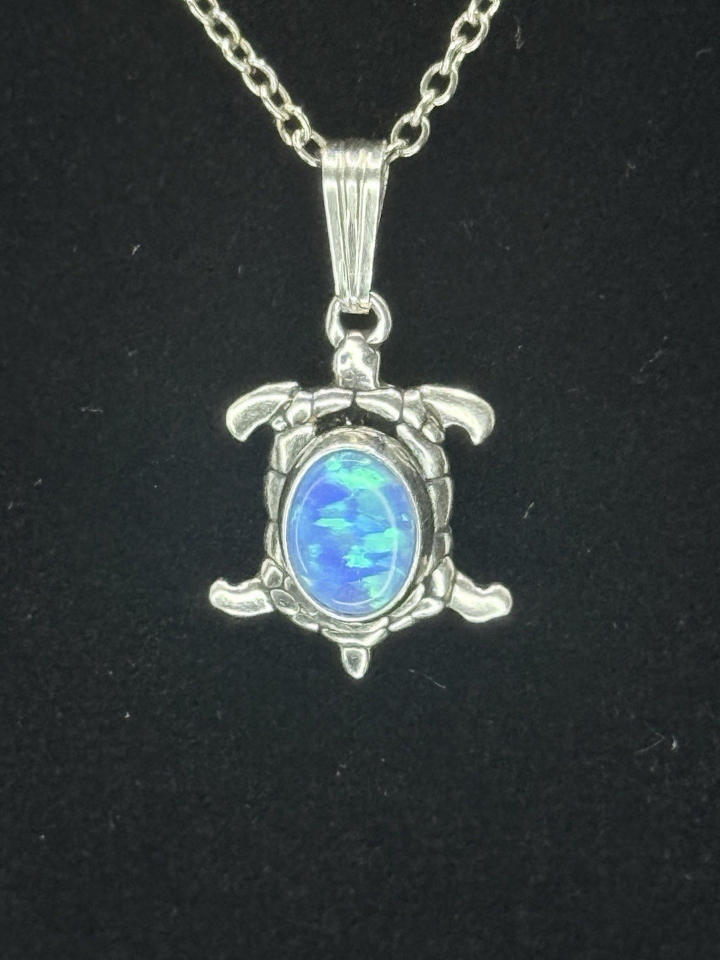 Sterling Silver 925 Turtle Charm Pendant Necklace Blue Oval Opal Bezel.