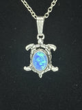 Sterling Silver 925 Turtle Charm Pendant Necklace Blue Oval Opal Bezel.