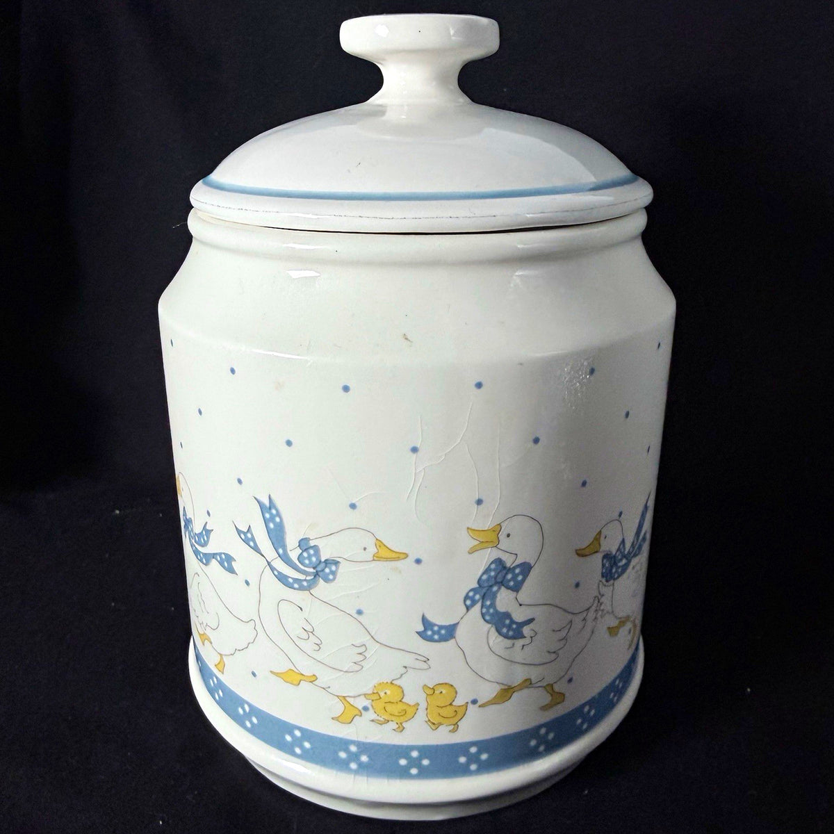 Vintage Ceramic Goose Canister Jar w/ Lid Blue Yellow Farmhouse Kitchen Decor.