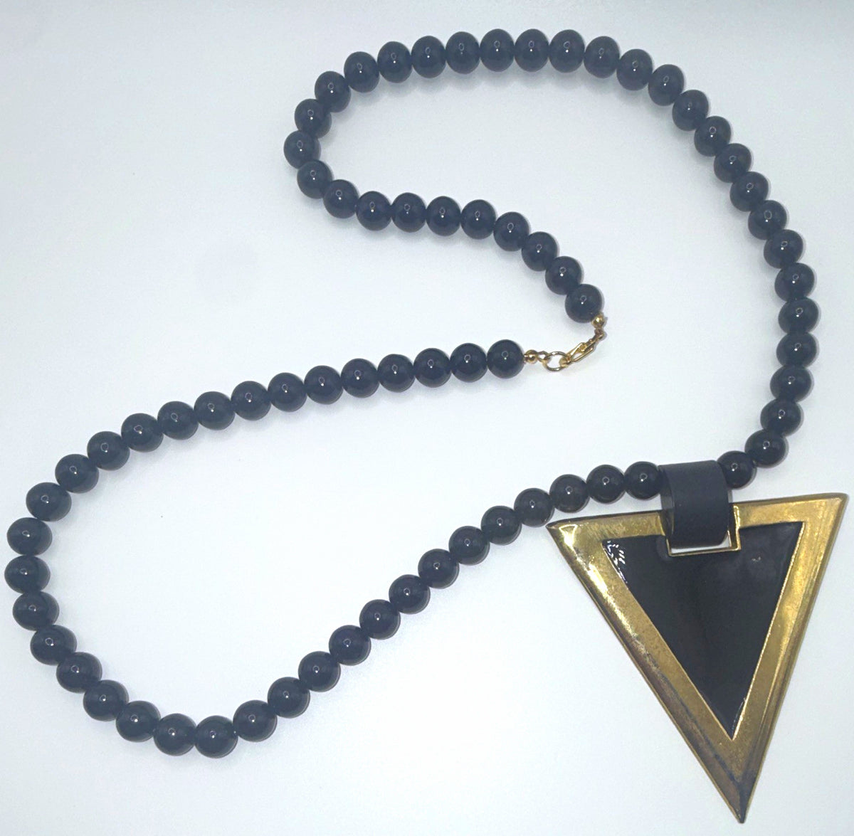 Black Plastic Beaded Ball Chain Necklace Triangle Charm Pendant Lobster.