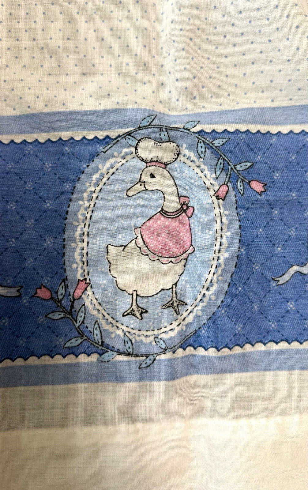 Vintage Country Kitchen Curtains Set Blue White Goose Polka Dot Valance Tier.