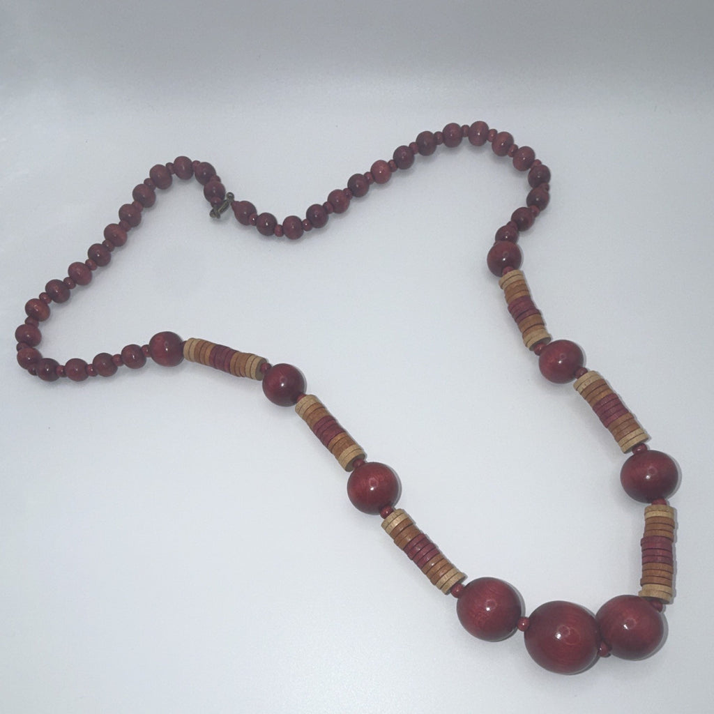 Red Tan Wood Beaded Ball Chain Necklace Round Beads Spring Ring Closure.