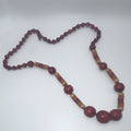 Red Tan Wood Beaded Ball Chain Necklace Round Beads Spring Ring Closure.