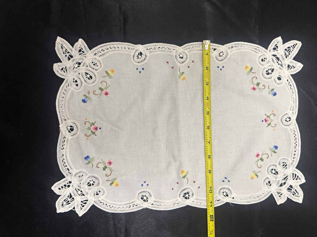 Vintage White Cutwork Embroidered Cloths with Lace Trim (Set of 5)