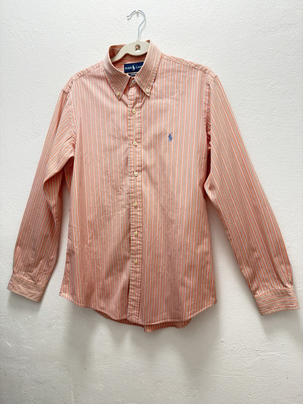 Like New Ralph Laurent Custom Fit Mens 15 1/2  34/35 Shirt Orange Stripe Button Down