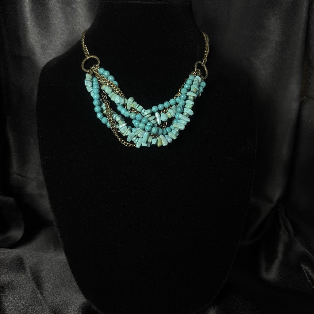Blue Stone Chip Beaded Statement Necklace Bronze Tone Cable Chain Adjustable.