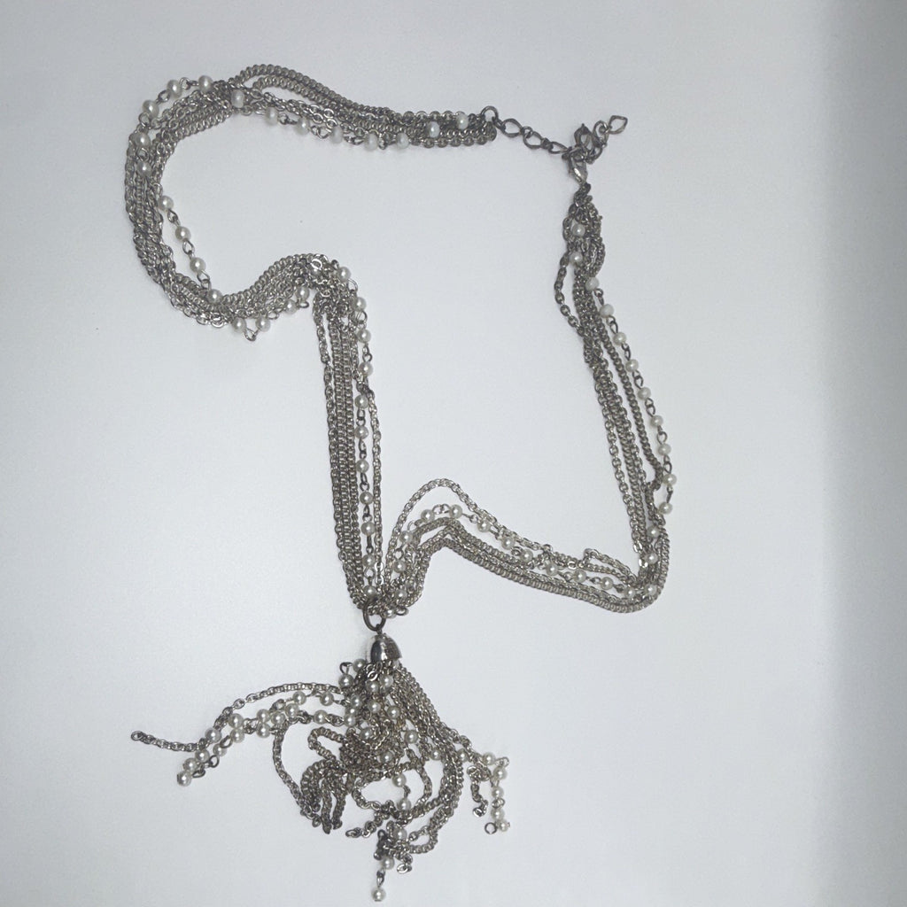 Silver Tone Multistrand Cable Chain Necklace Simulated Pearl Tassel Pendant 1ea