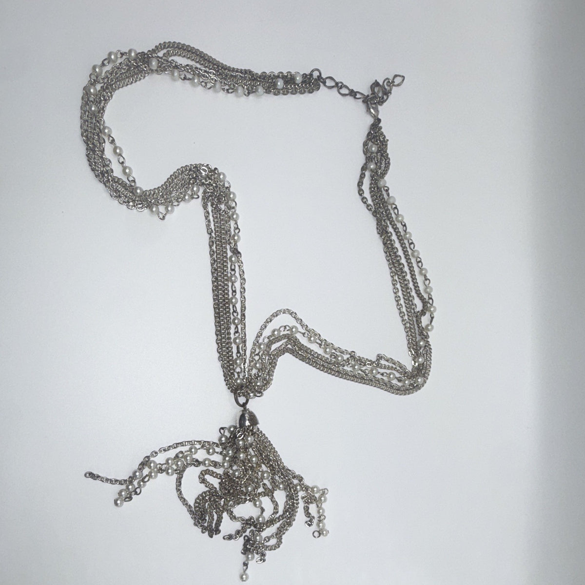 Silver Tone Multistrand Cable Chain Necklace Simulated Pearl Tassel Pendant 1ea