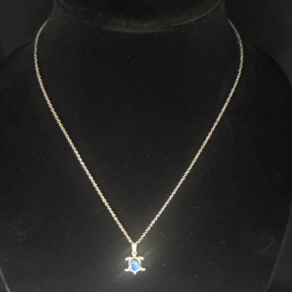Sterling Silver 925 Turtle Charm Pendant Necklace Blue Oval Opal Bezel.