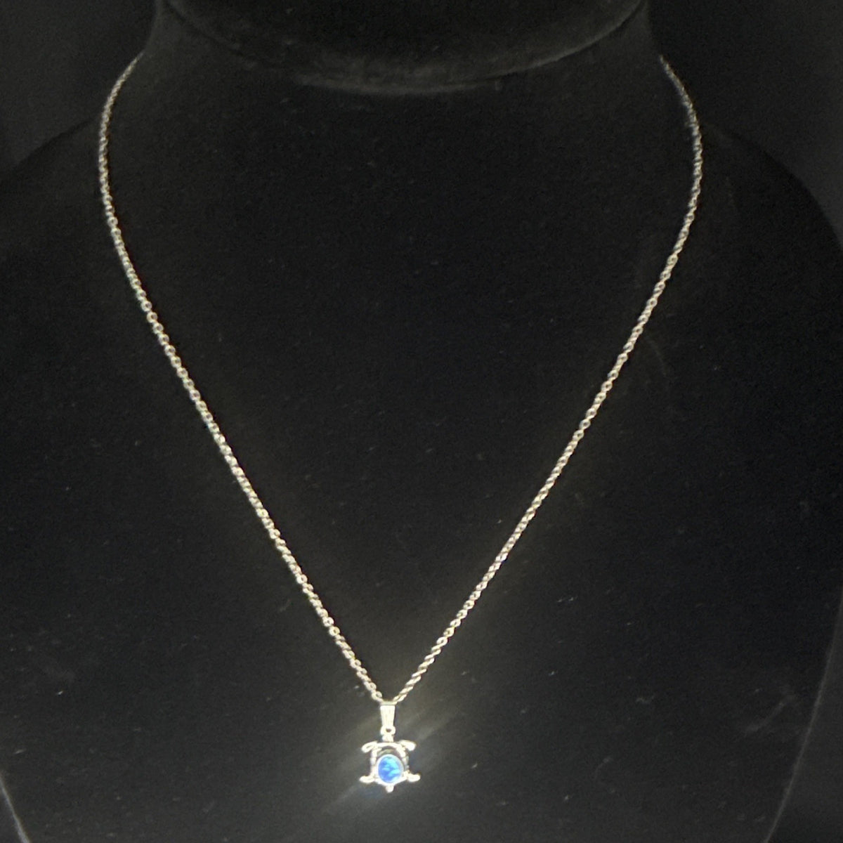 Sterling Silver 925 Turtle Charm Pendant Necklace Blue Oval Opal Bezel.