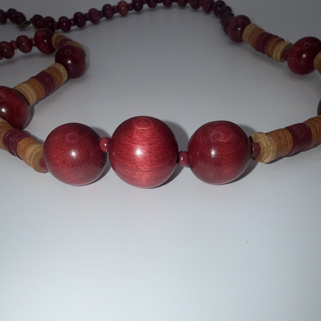 Red Tan Wood Beaded Ball Chain Necklace Round Beads Spring Ring Closure.
