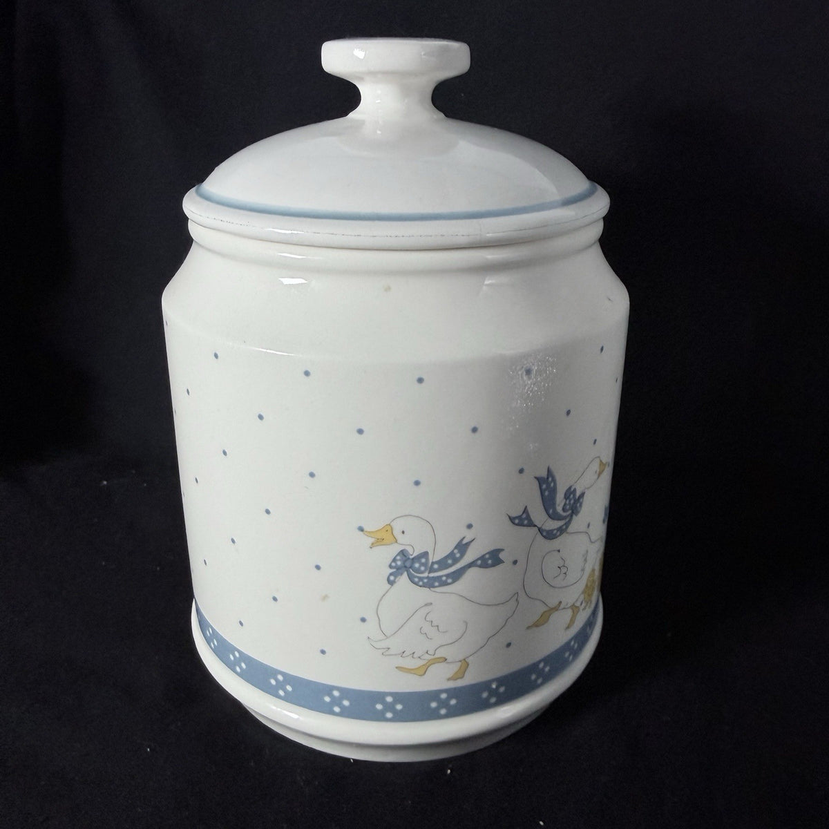 Vintage Ceramic Goose Canister Jar w/ Lid Blue Yellow Farmhouse Kitchen Decor.