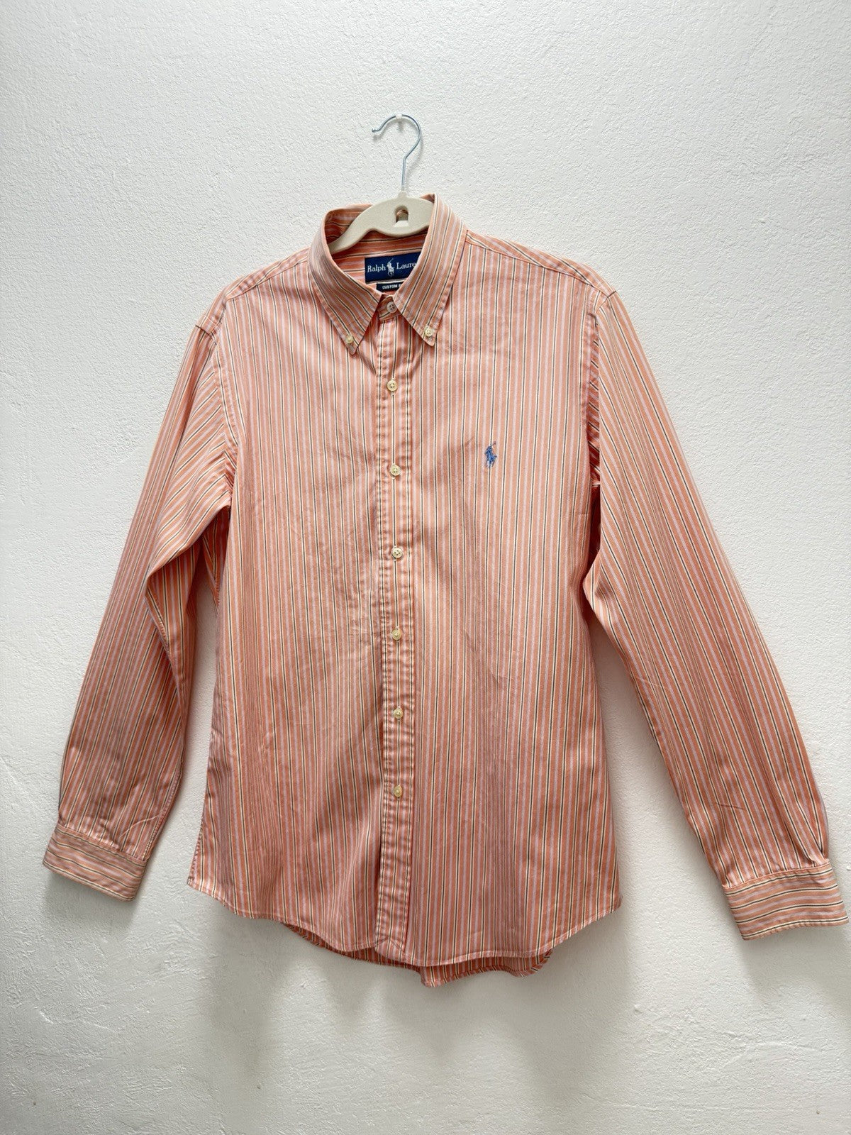 Like New Ralph Laurent Custom Fit Mens 15 1/2  34/35 Shirt Orange Stripe Button Down