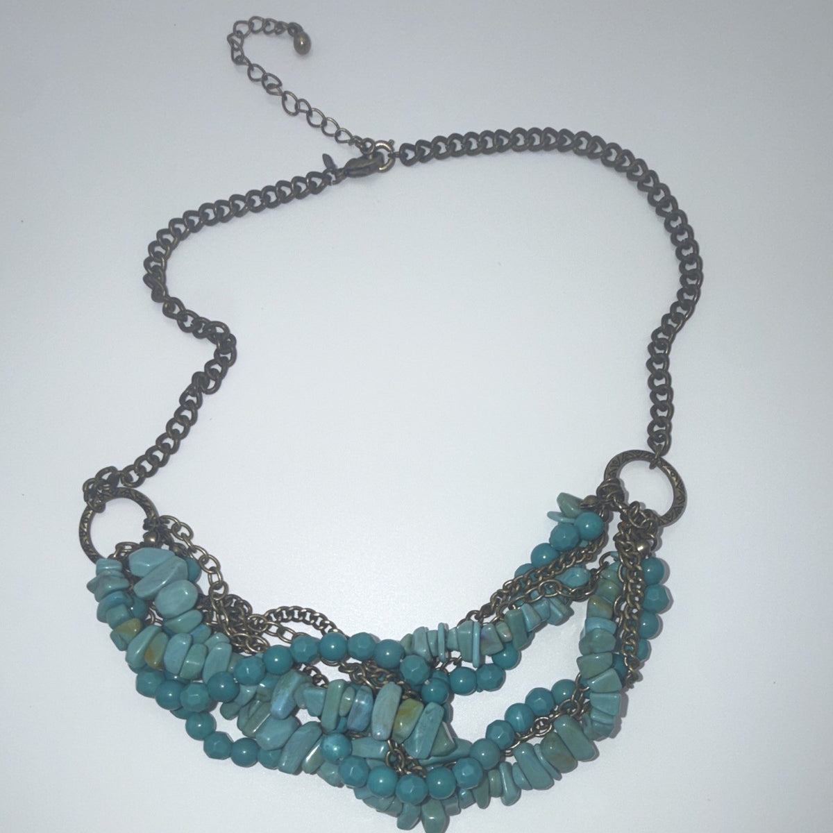 Blue Stone Chip Beaded Statement Necklace Bronze Tone Cable Chain Adjustable.