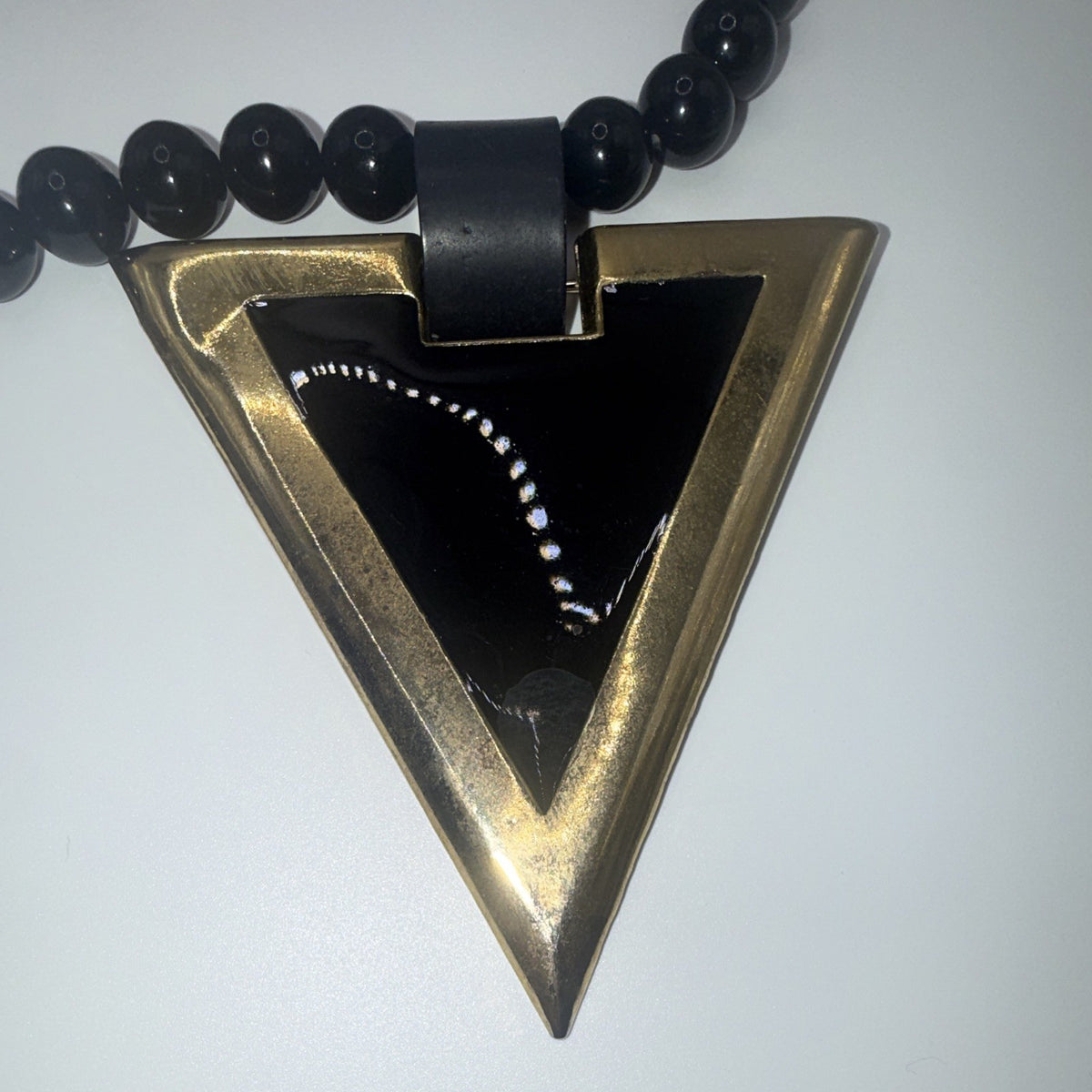 Black Plastic Beaded Ball Chain Necklace Triangle Charm Pendant Lobster.
