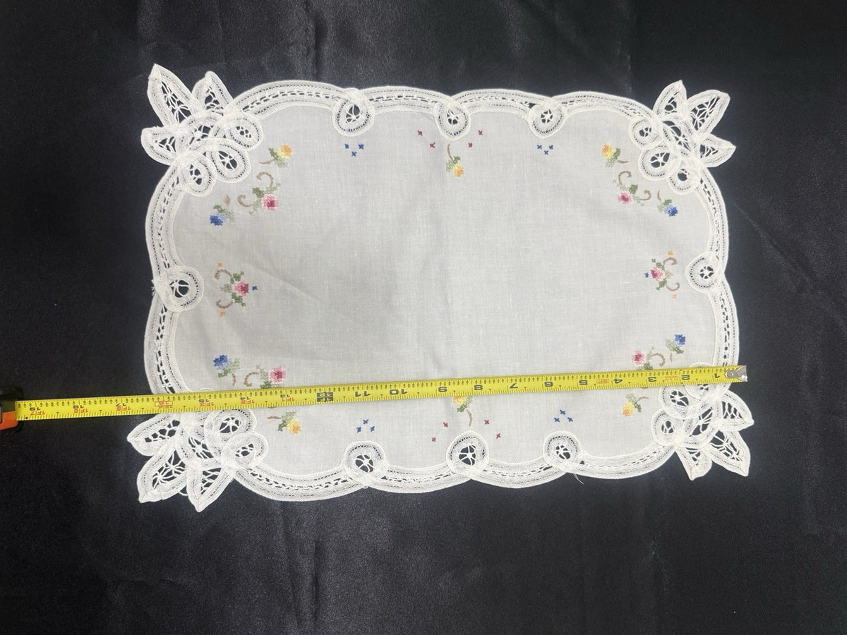 Vintage White Cutwork Embroidered Cloths with Lace Trim (Set of 5)