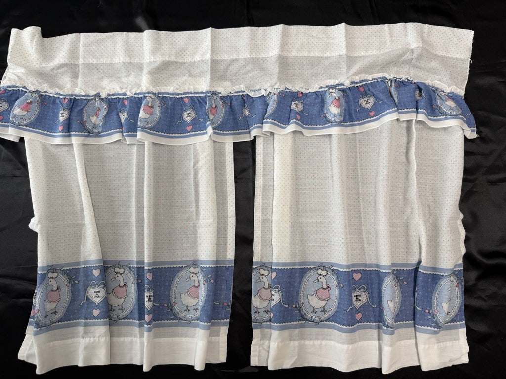 Vintage Country Kitchen Curtains Set Blue White Goose Polka Dot Valance Tier.
