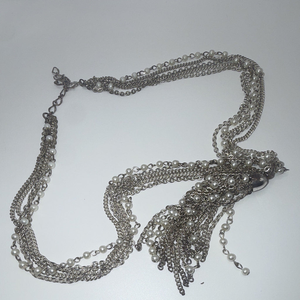 Silver Tone Multistrand Cable Chain Necklace Simulated Pearl Tassel Pendant 1ea