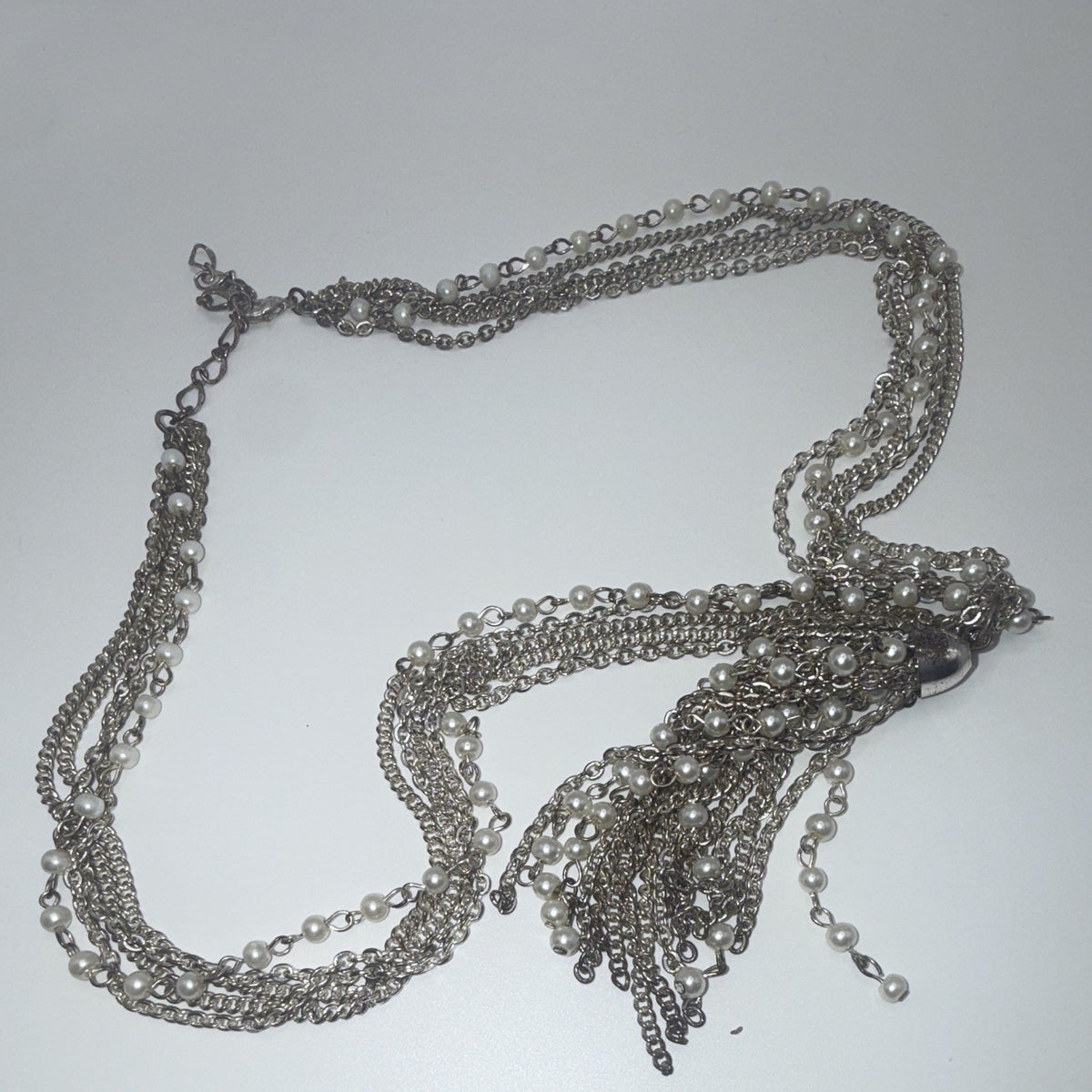 Silver Tone Multistrand Cable Chain Necklace Simulated Pearl Tassel Pendant 1ea