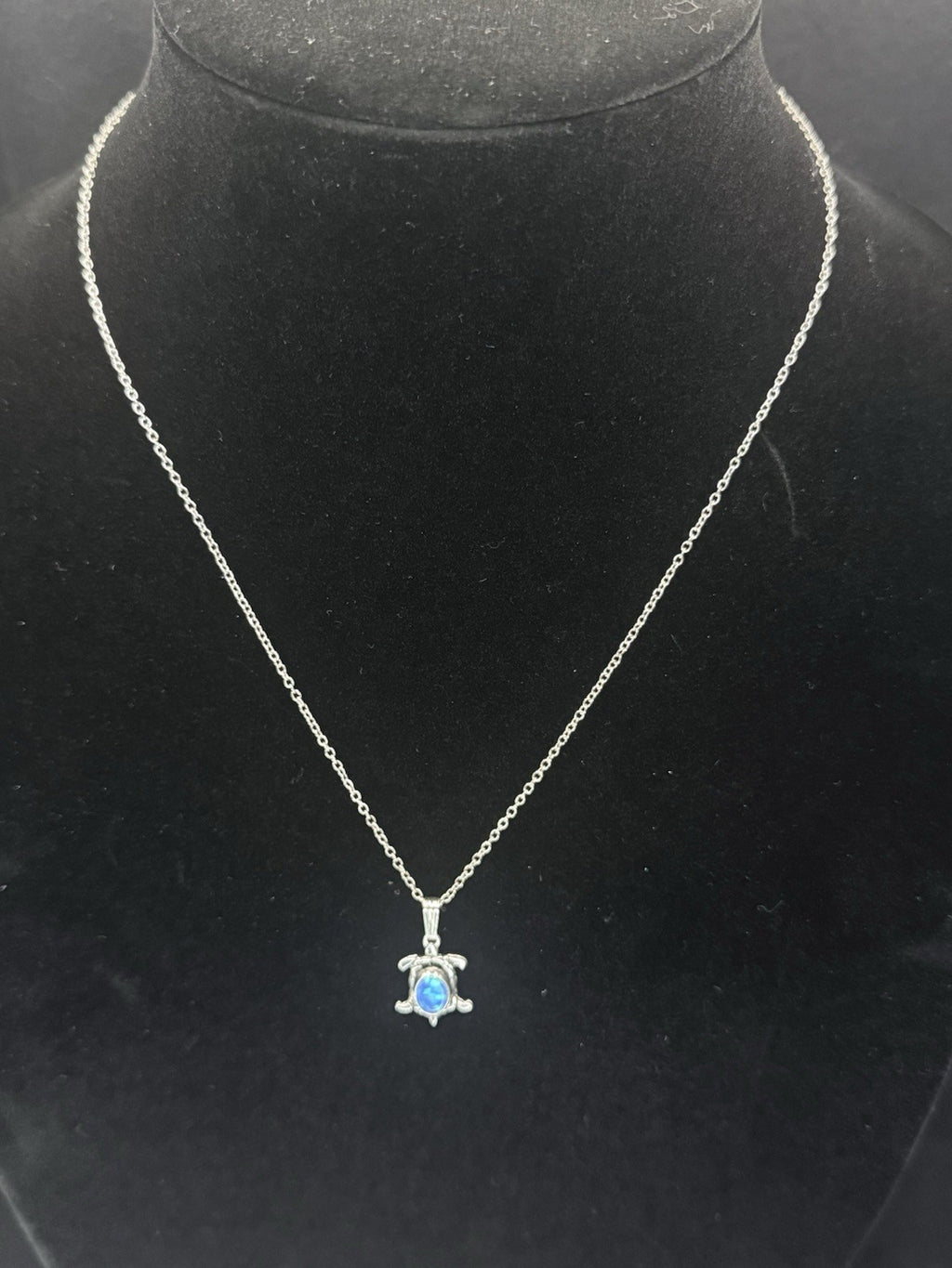 Sterling Silver 925 Turtle Charm Pendant Necklace Blue Oval Opal Bezel.
