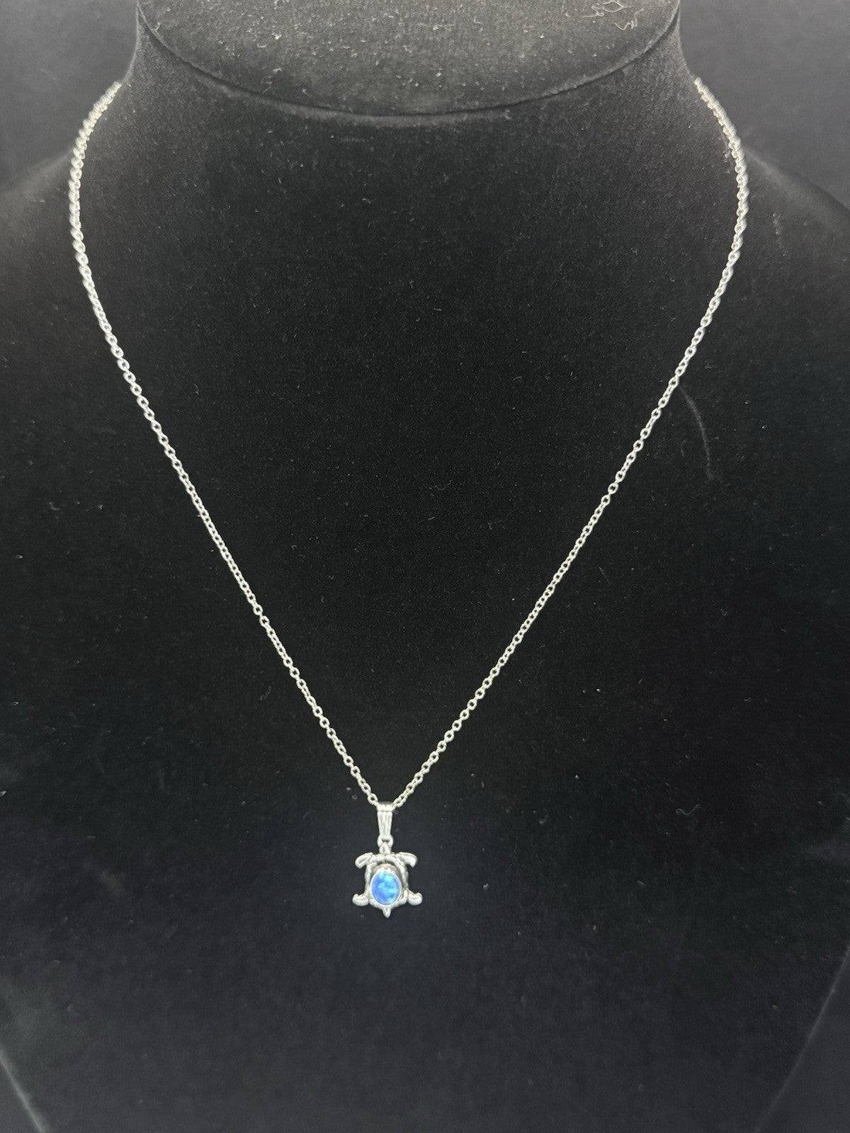 Sterling Silver 925 Turtle Charm Pendant Necklace Blue Oval Opal Bezel.