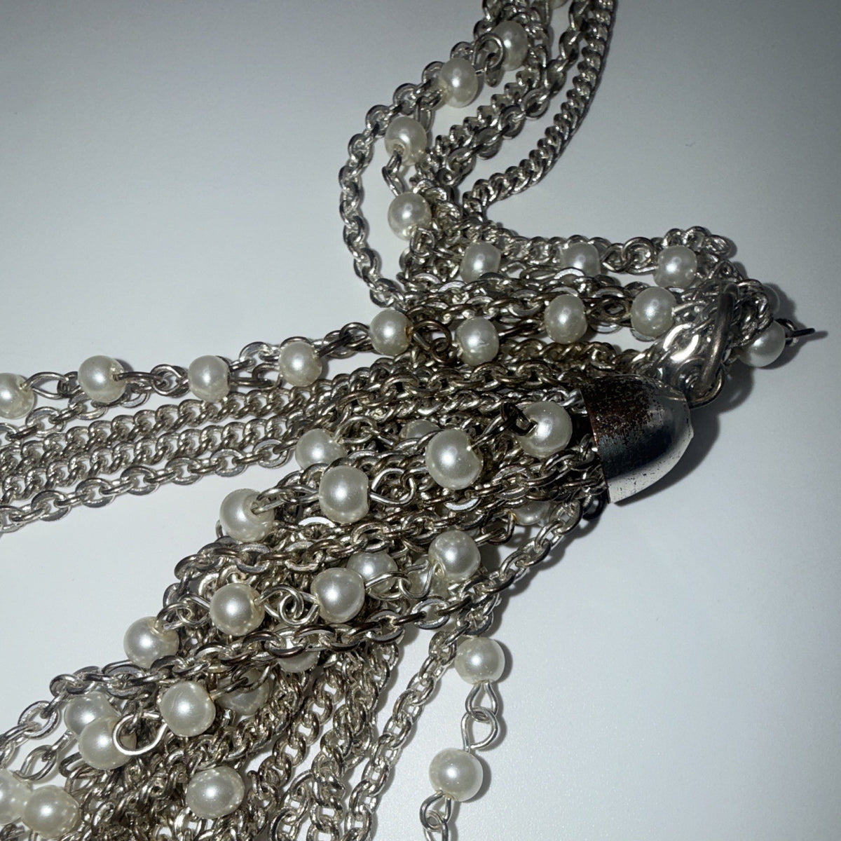 Silver Tone Multistrand Cable Chain Necklace Simulated Pearl Tassel Pendant 1ea