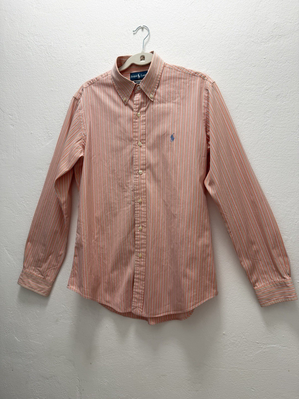 Like New Ralph Laurent Custom Fit Mens 15 1/2  34/35 Shirt Orange Stripe Button Down