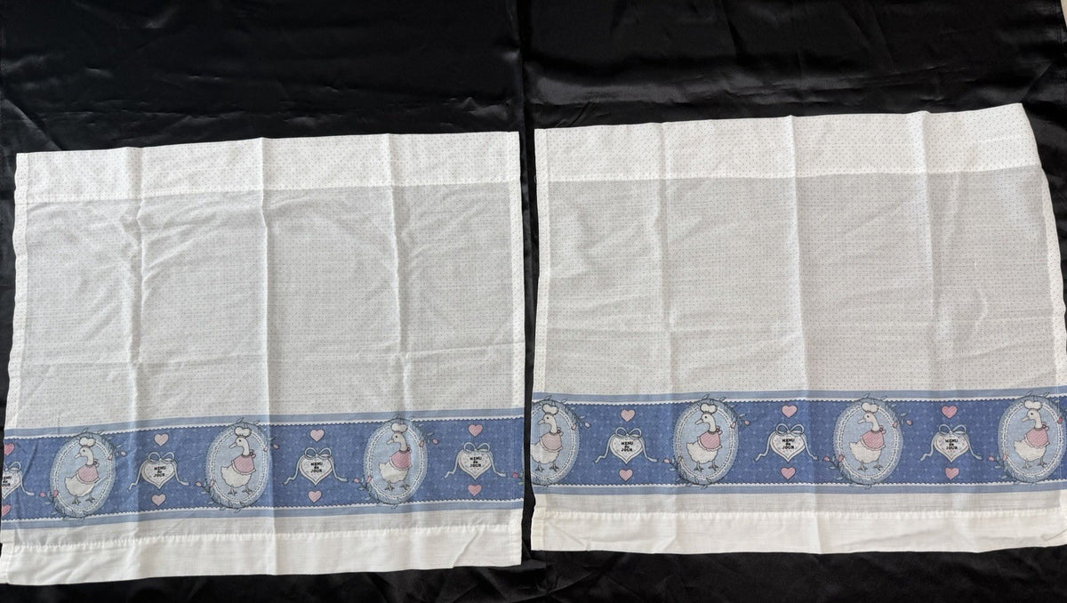 Vintage Country Kitchen Curtains Set Blue White Goose Polka Dot Valance Tier.