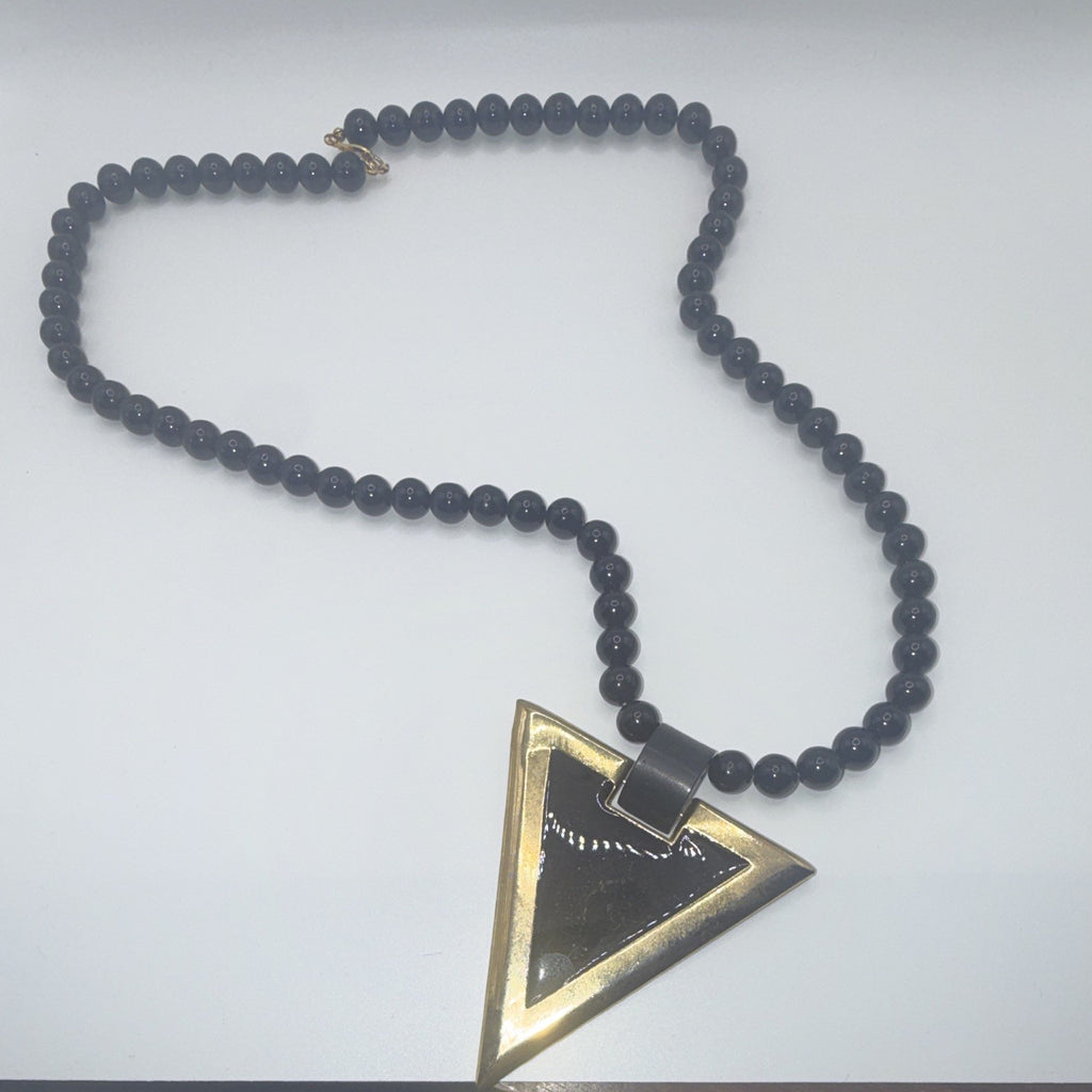 Black Plastic Beaded Ball Chain Necklace Triangle Charm Pendant Lobster.