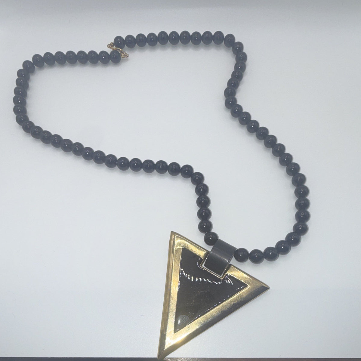Black Plastic Beaded Ball Chain Necklace Triangle Charm Pendant Lobster.