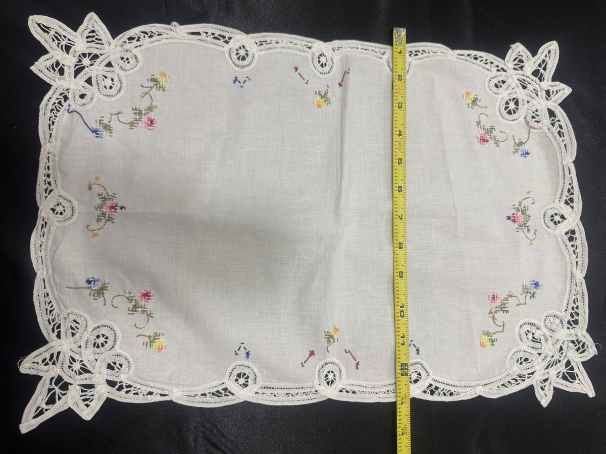 Vintage White Cutwork Embroidered Cloths with Lace Trim (Set of 5)
