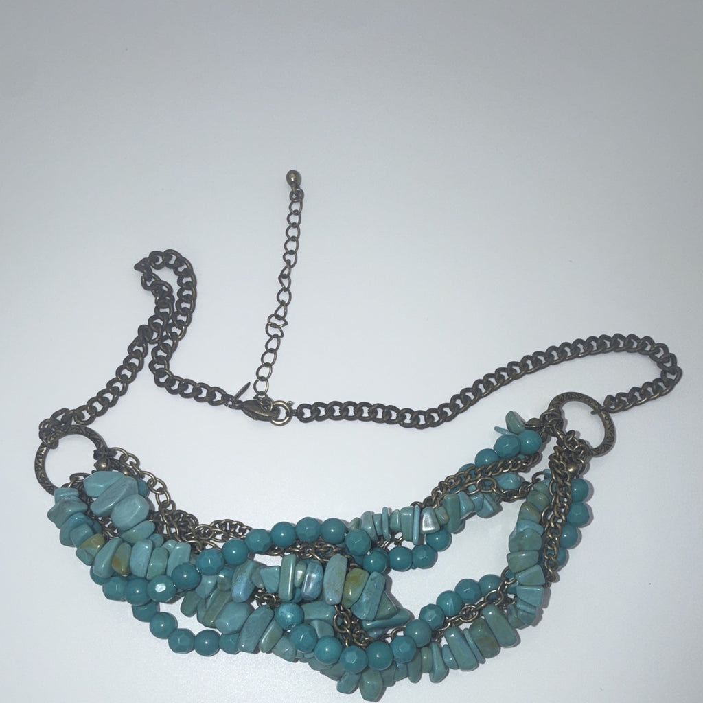 Blue Stone Chip Beaded Statement Necklace Bronze Tone Cable Chain Adjustable.