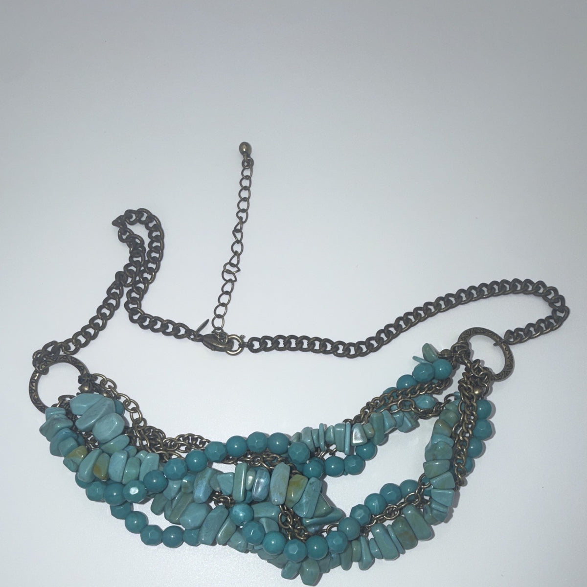 Blue Stone Chip Beaded Statement Necklace Bronze Tone Cable Chain Adjustable.