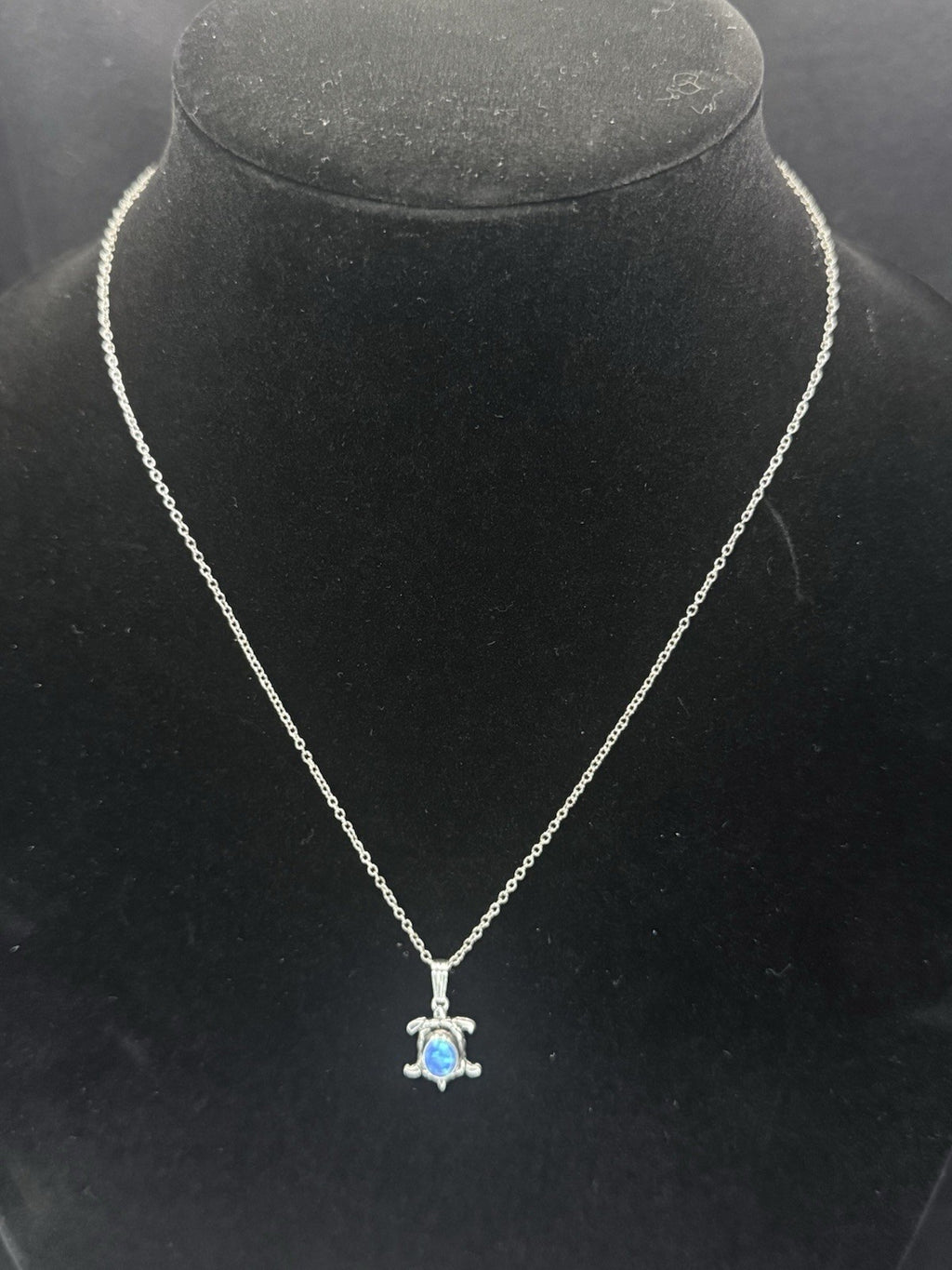 Sterling Silver 925 Turtle Charm Pendant Necklace Blue Oval Opal Bezel.