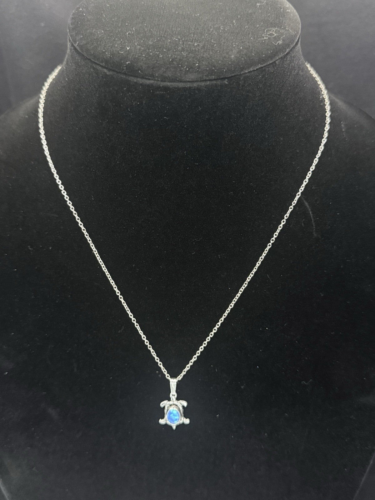 Sterling Silver 925 Turtle Charm Pendant Necklace Blue Oval Opal Bezel.