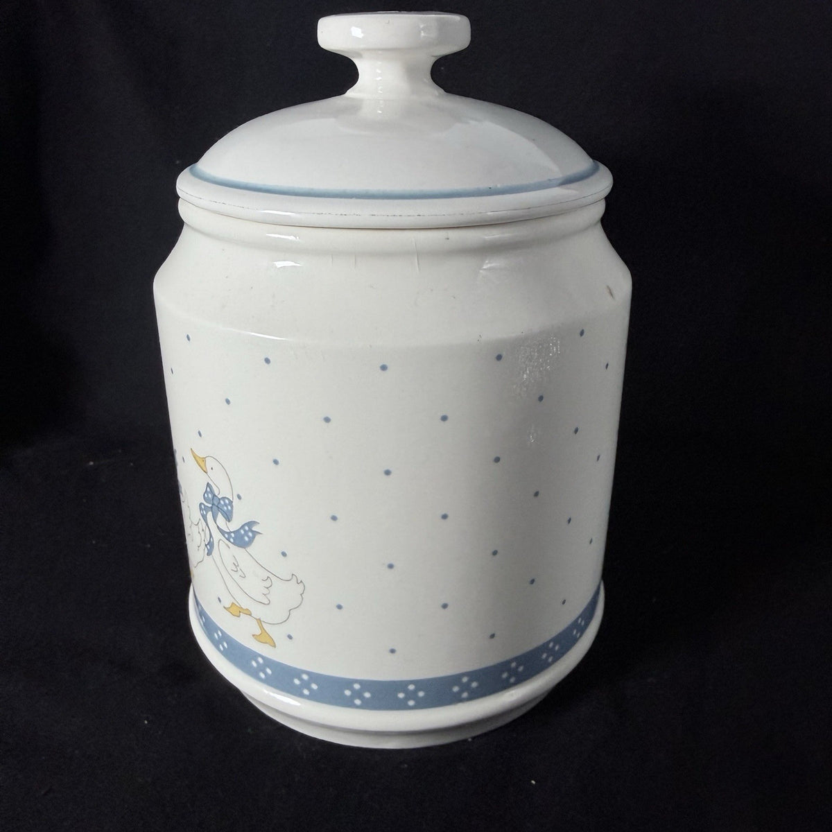 Vintage Ceramic Goose Canister Jar w/ Lid Blue Yellow Farmhouse Kitchen Decor.