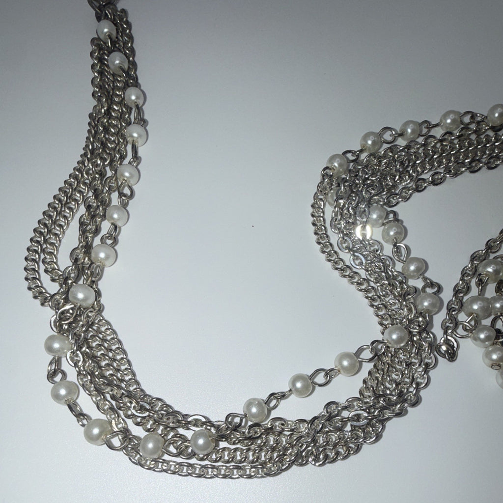 Silver Tone Multistrand Cable Chain Necklace Simulated Pearl Tassel Pendant 1ea