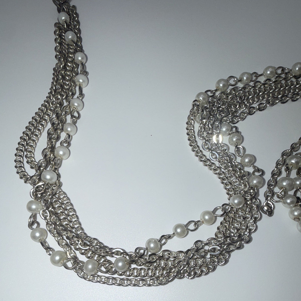 Silver Tone Multistrand Cable Chain Necklace Simulated Pearl Tassel Pendant 1ea