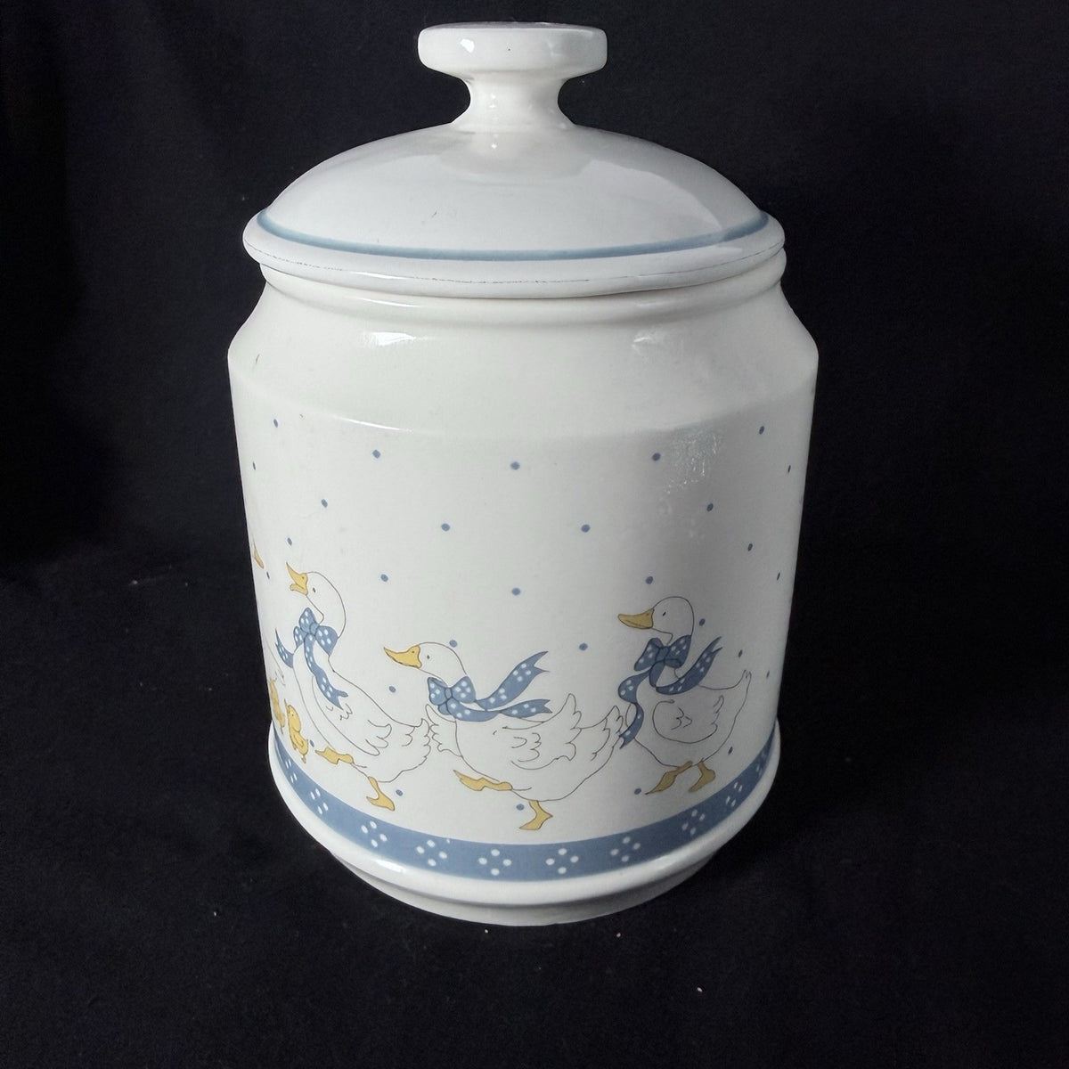 Vintage Ceramic Goose Canister Jar w/ Lid Blue Yellow Farmhouse Kitchen Decor.