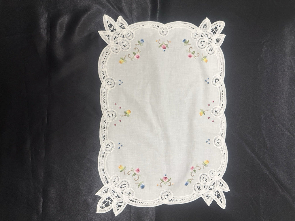 Vintage White Cutwork Embroidered Cloths with Lace Trim (Set of 5)