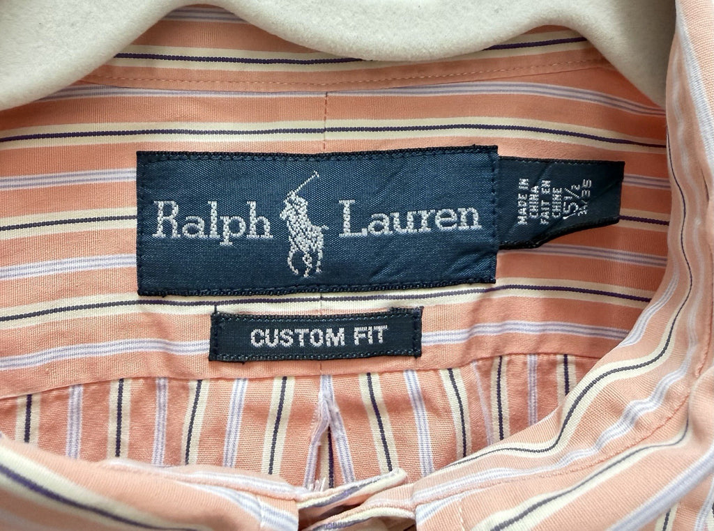 Like New Ralph Laurent Custom Fit Mens 15 1/2  34/35 Shirt Orange Stripe Button Down