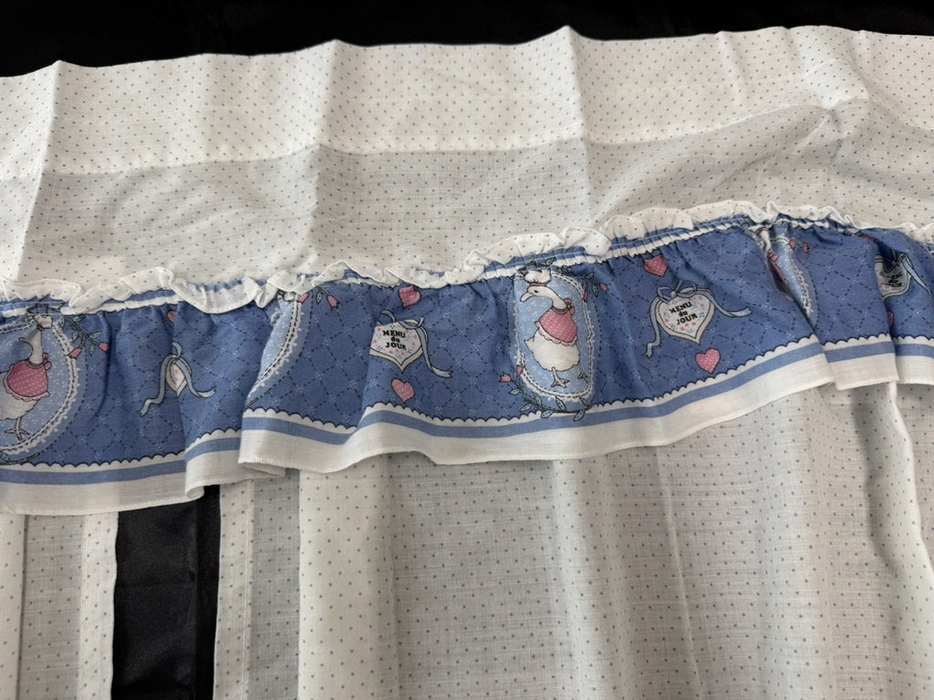 Vintage Country Kitchen Curtains Set Blue White Goose Polka Dot Valance Tier.