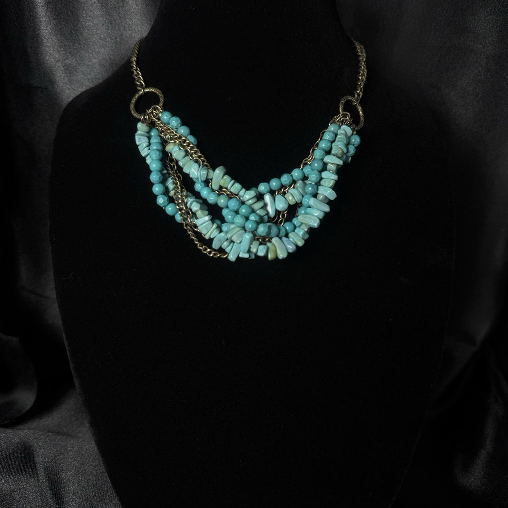 Blue Stone Chip Beaded Statement Necklace Bronze Tone Cable Chain Adjustable.