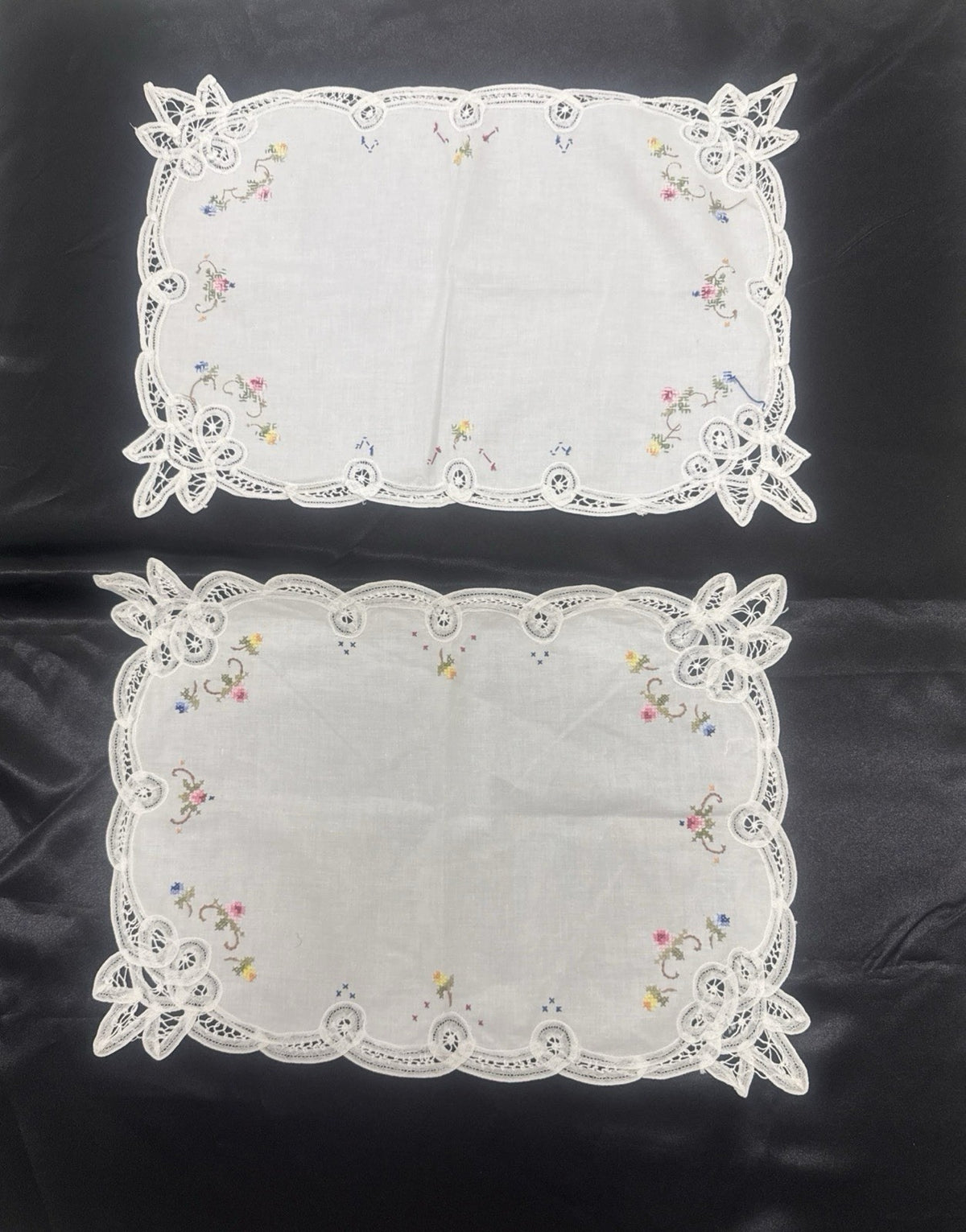 Vintage White Cutwork Embroidered Cloths with Lace Trim (Set of 5)