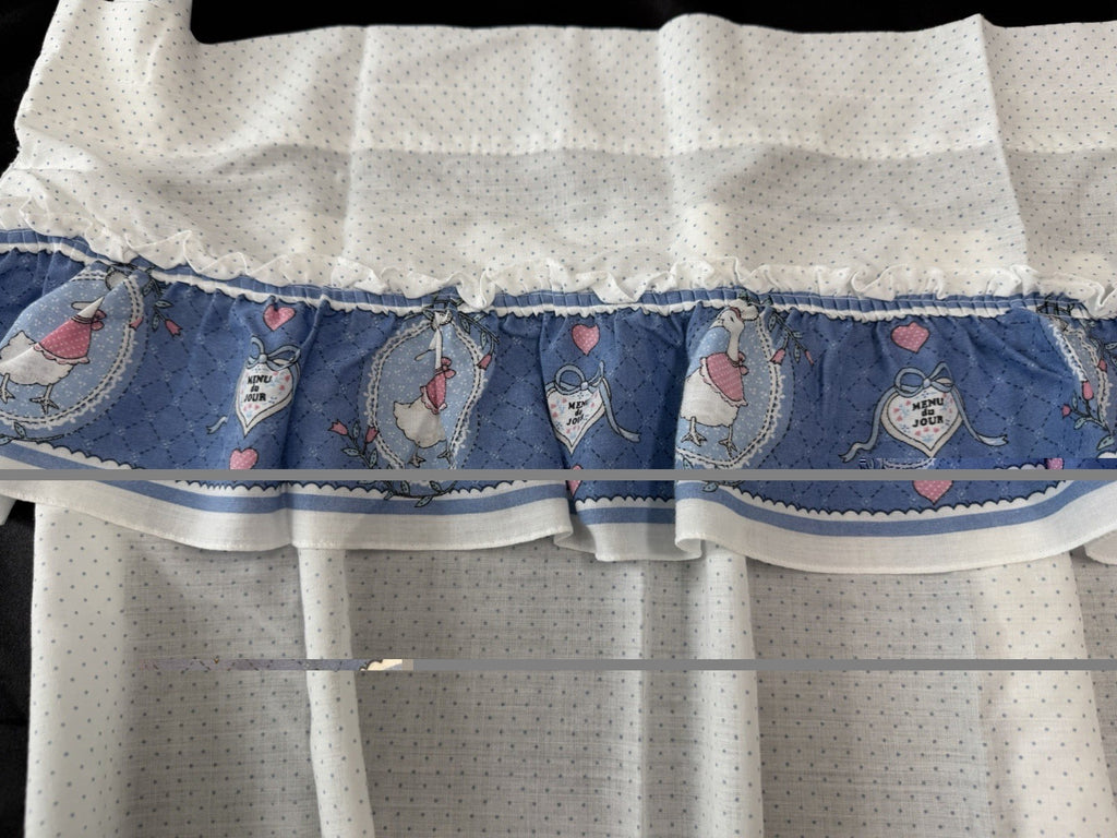 Vintage Country Kitchen Curtains Set Blue White Goose Polka Dot Valance Tier.