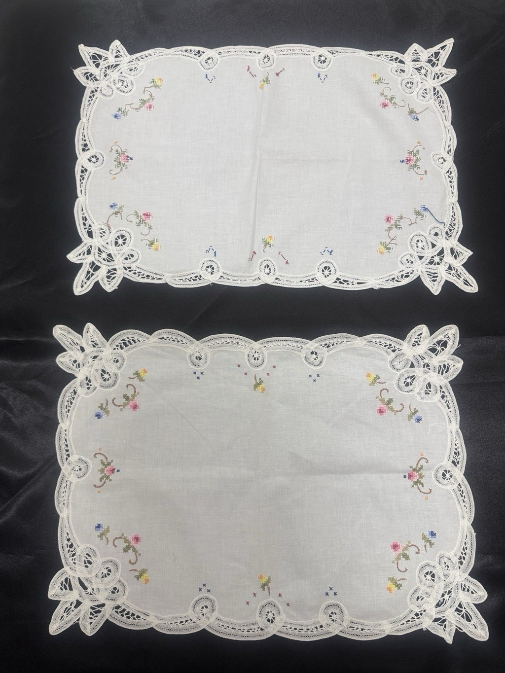 Vintage White Cutwork Embroidered Cloths with Lace Trim (Set of 5)