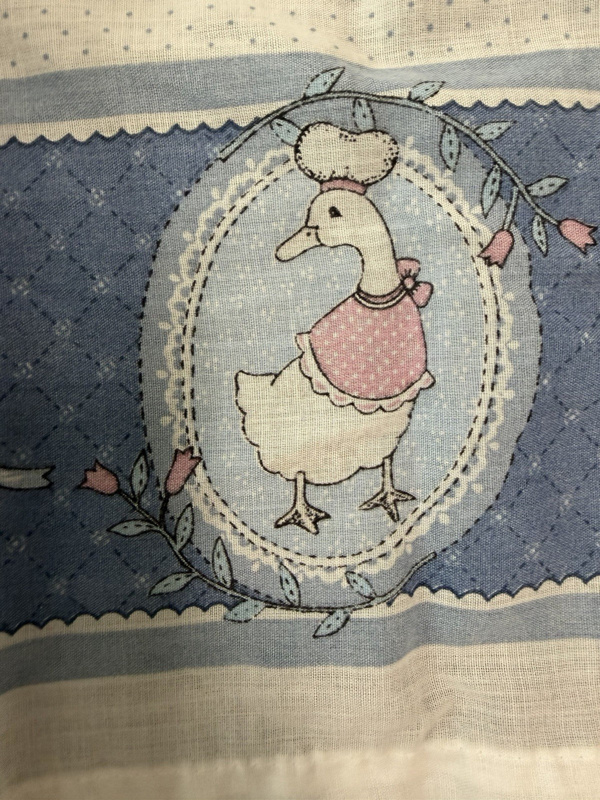 Vintage Country Kitchen Curtains Set Blue White Goose Polka Dot Valance Tier.