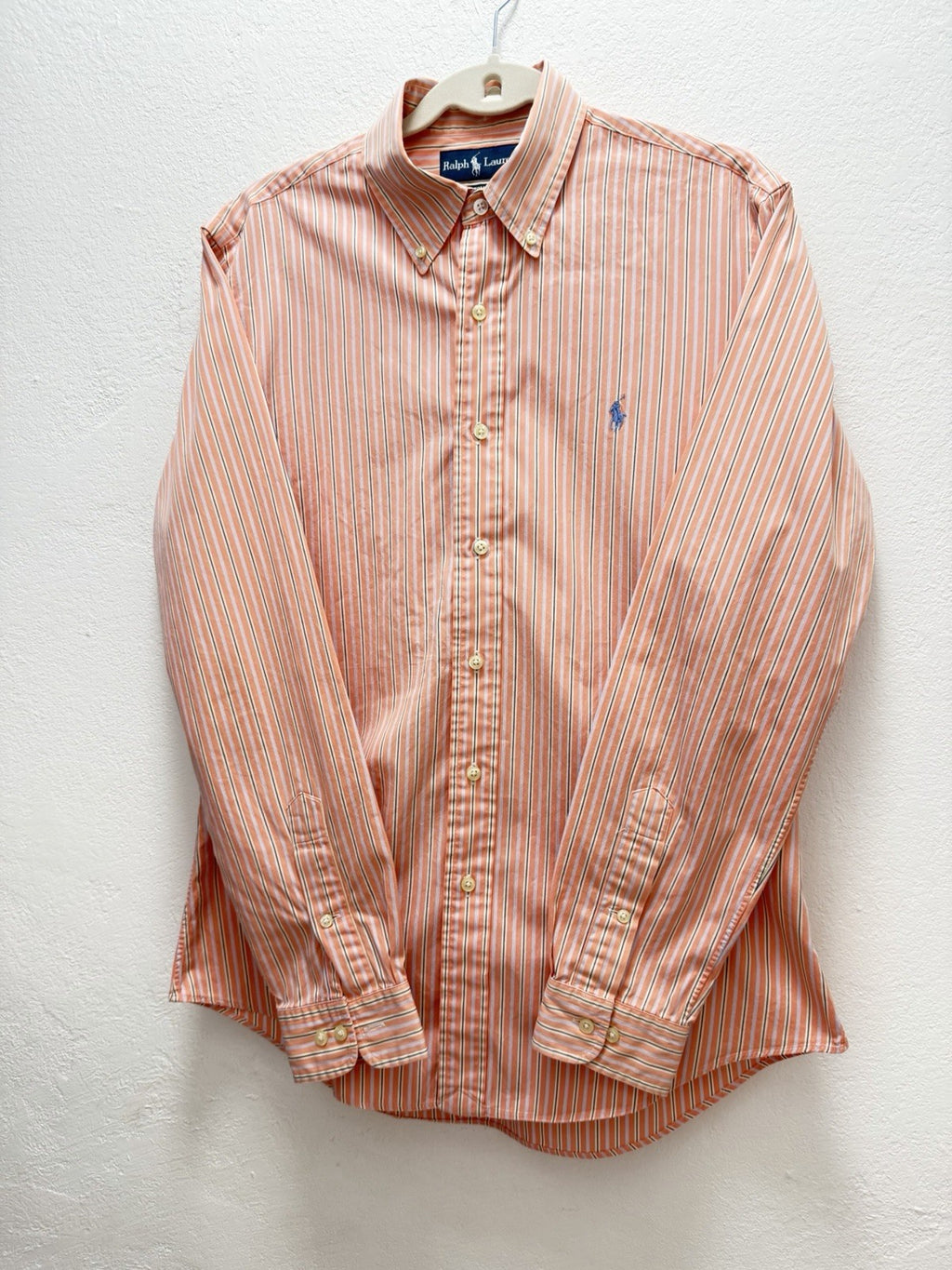 Like New Ralph Laurent Custom Fit Mens 15 1/2  34/35 Shirt Orange Stripe Button Down