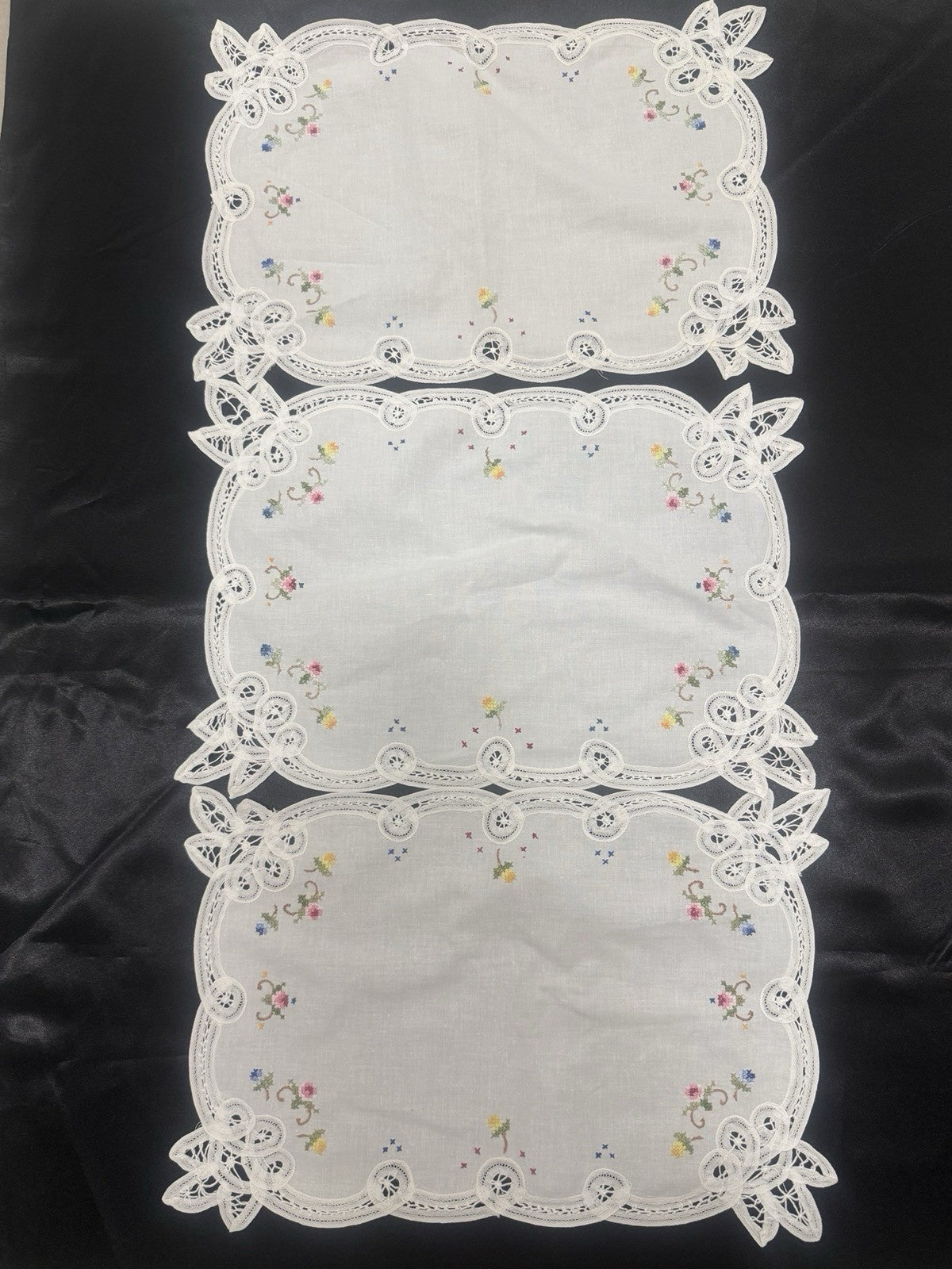 Vintage White Cutwork Embroidered Cloths with Lace Trim (Set of 5)