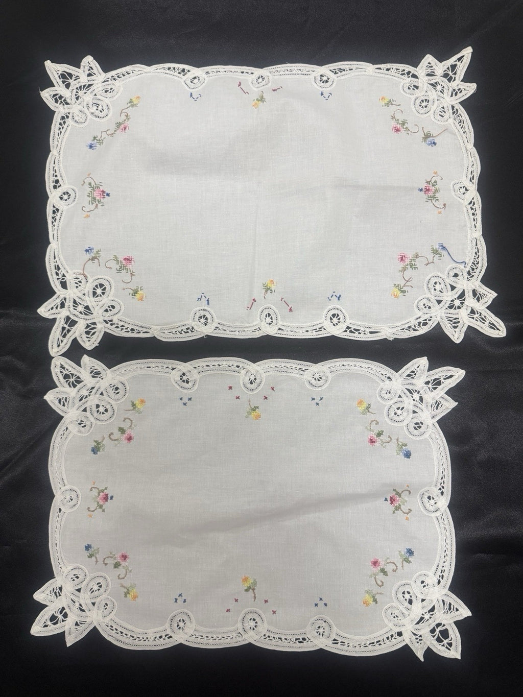 Vintage White Cutwork Embroidered Cloths with Lace Trim (Set of 5)